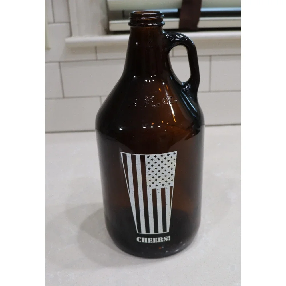 Amber Glass Beer Growler 64 oz American Flag Cheers Jug Brown Brew Bottle